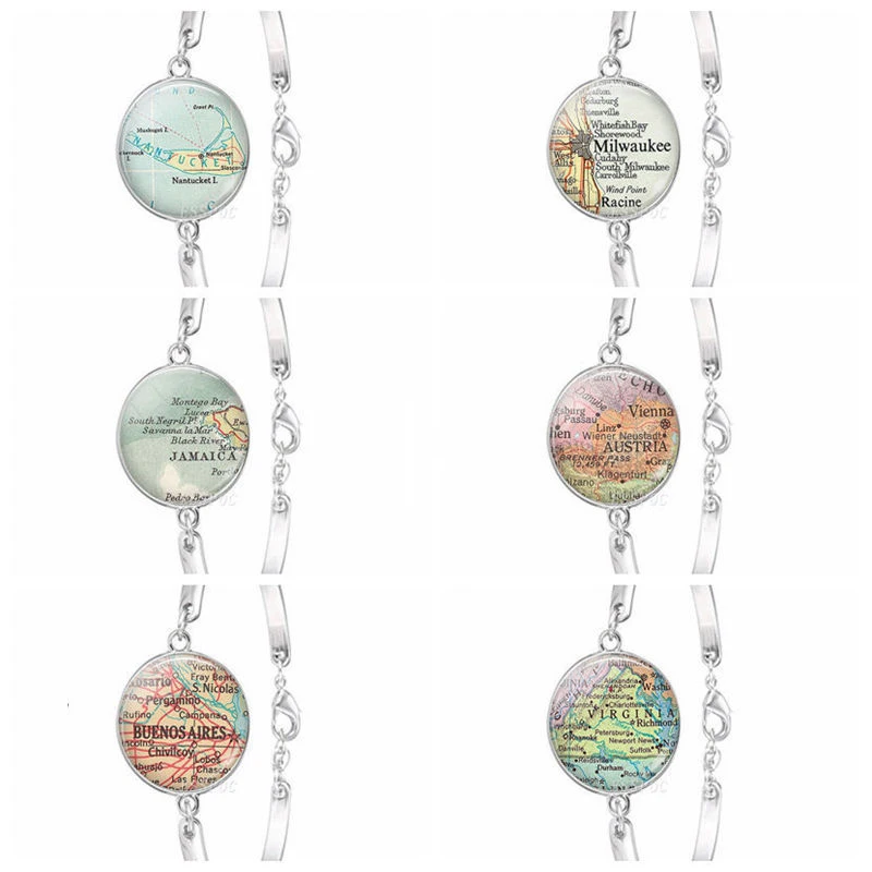 Fashion World Map Pattern Glass Cabochon Chain Bracelet Silver Plated Globe-Shape Bangle Jewelry Gifts