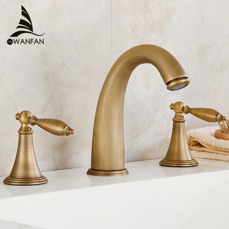 

Free Shipping Wholesale Promotion Deck Mounted Widespread Antique Brass Bathroom Basin Faucet Dual Handles Mixer HJ-6837F