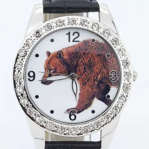 Chaoyada novo relógio fashion de urso feminino e masculino, relógio de pulso analógico de couro com cristal popular l14