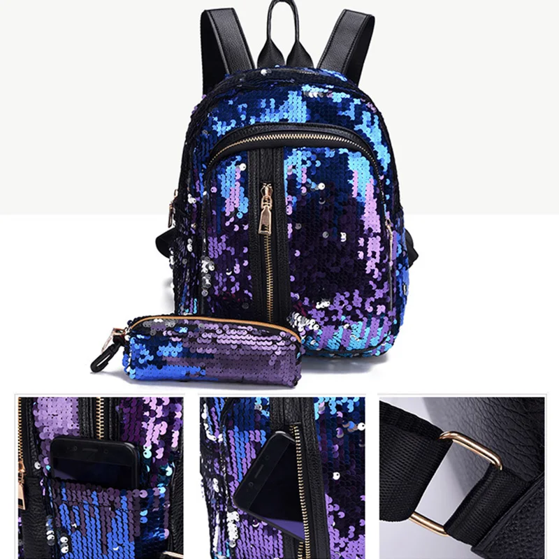 2pcs/set New Sequins Women Backpack for Teenage Girl Fashion Bling Rucksack Student School Bag with Pencil Case Clutch Mochilas