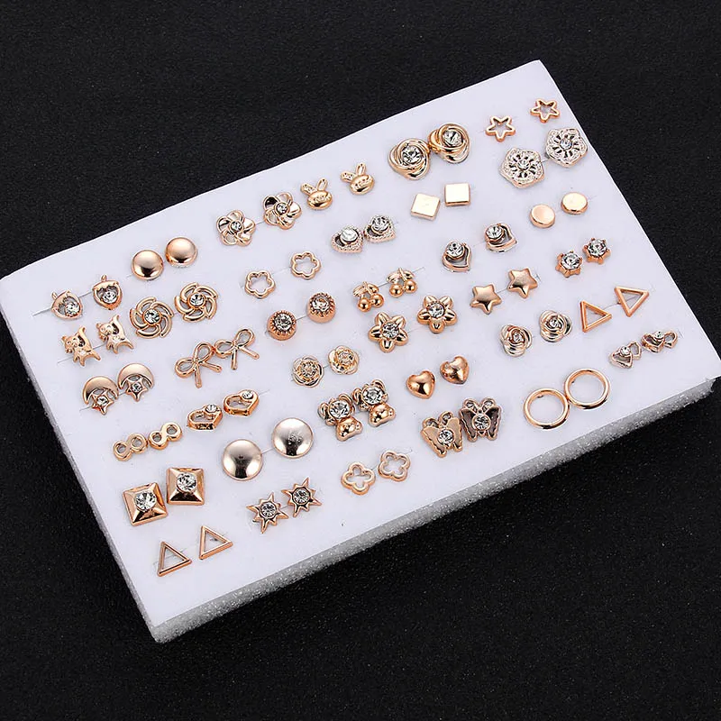 36pairs/set Gold Color Flower Stud Earring Set For Women Girl Crystal Heart Star Earrings Fashion Jewelry Gift Mix Styles