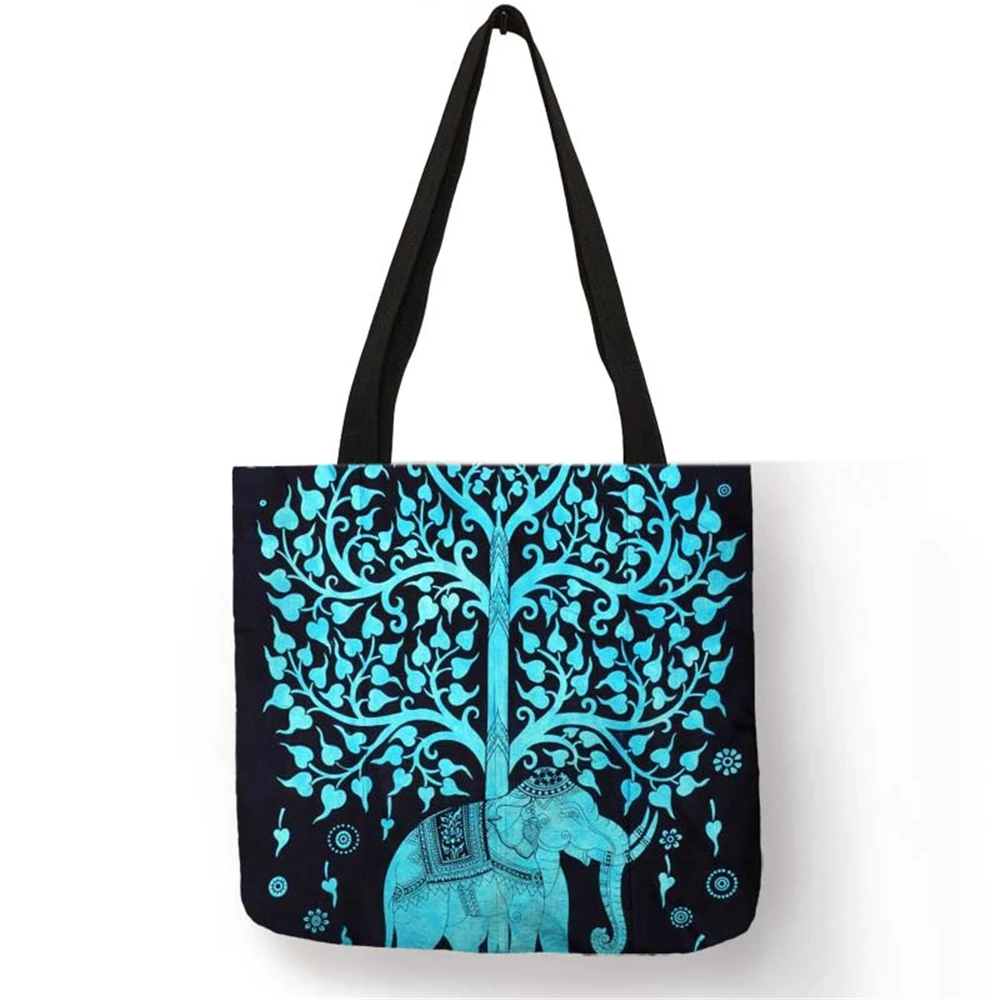 Beautiful Design Handbag for Ladies Elephant Trees Painting Linen Shopping Working Casual Bag Femme Homme Sac A Main