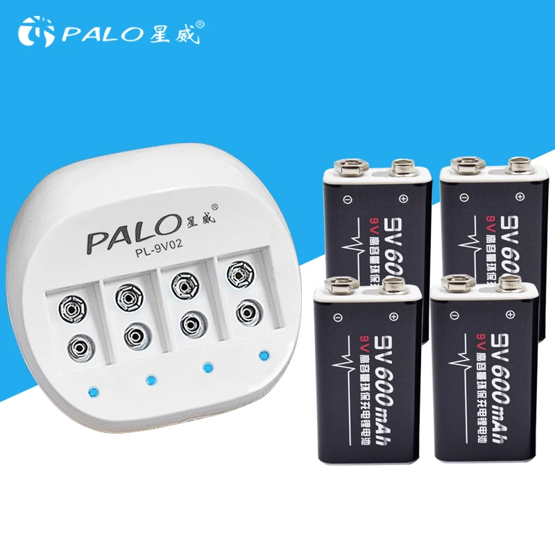 Original PALO 9V Battery Charger for Rechargeable 6F22 9V Lithium-ion Battery+4pcs 9V 600mAh Li-ion Batteries