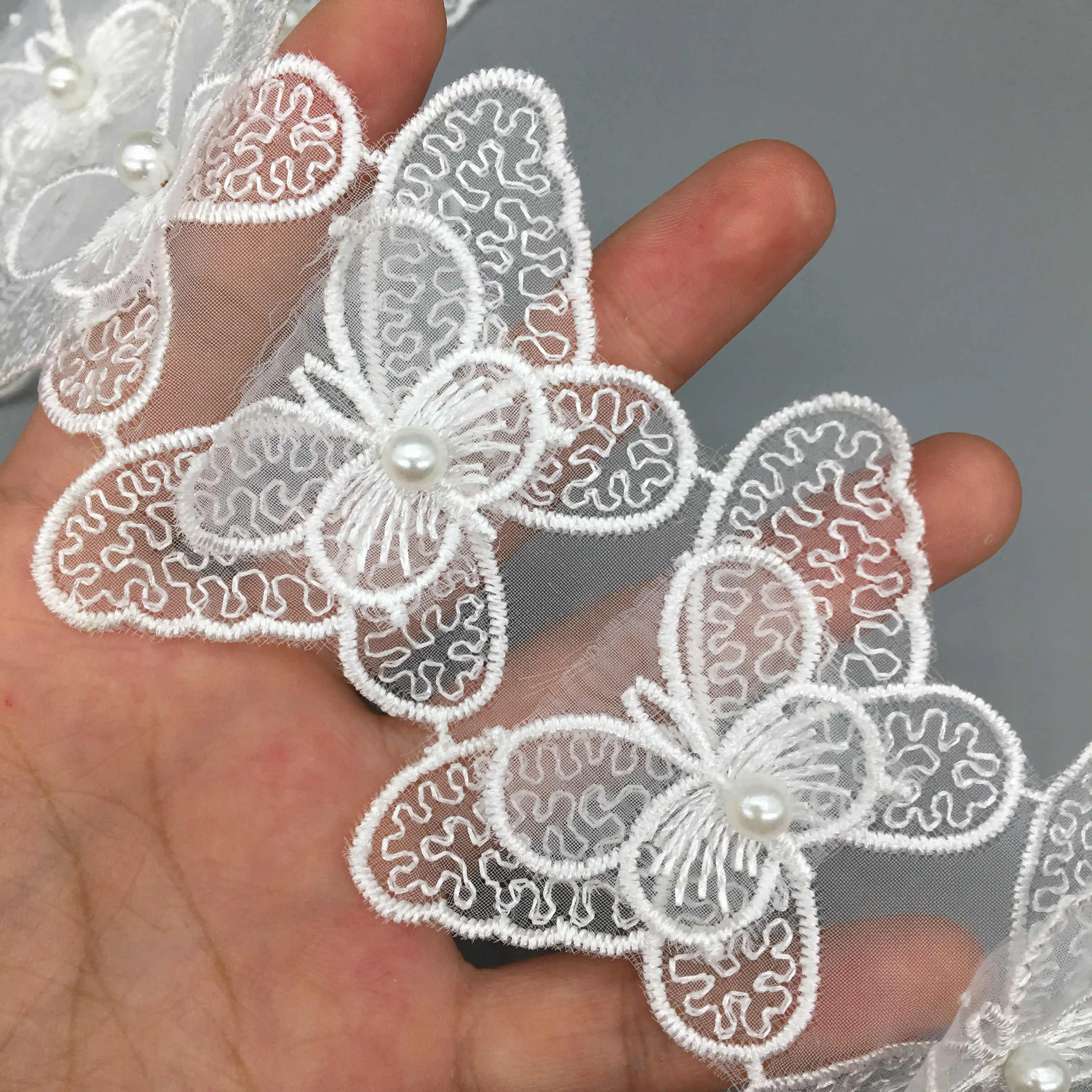 20x French Lace Fabric Butterfly Pearl Embroidered Lace Trim Ribbon Patches Applique Wedding Dress Fabric DIY Sewing Craft