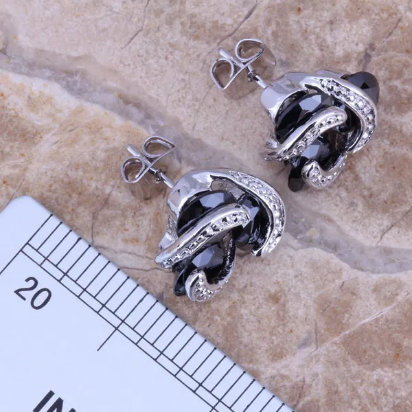 Charming Black Cubic Zirconia Silver Plated Jewelry Sets Earrings Pendant Ring Size 6 / 7 / 8 / 9 / 10 / 11 / 12 S0122