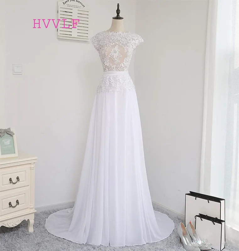 

Vestido De Noiva Beach Wedding Dresses A-line Cap Sleeves Backless Sash Chiffon Lace Vintage Wedding Gown Bridal Dresses