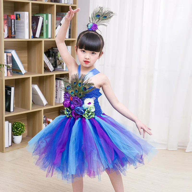 2021 New Design Stunning Peacock Tutu Dress And Girls Peacock Feather Mesh Dress Halloween Photo Props Fancy Cosplay Clothing