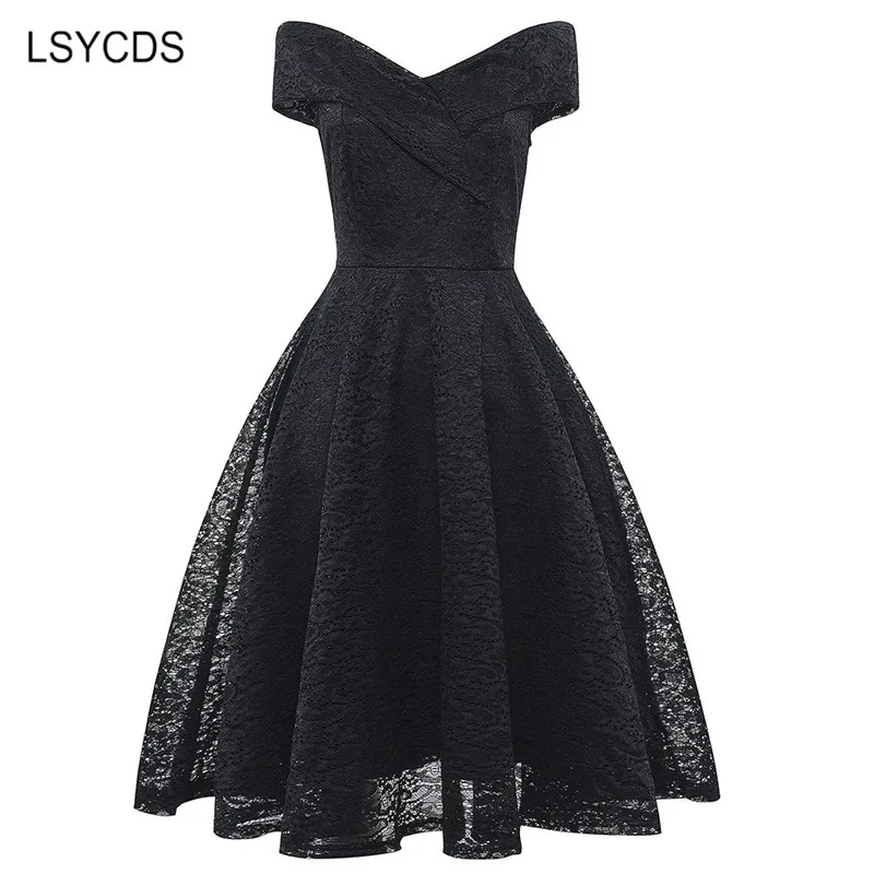 

LSYCDS Sexy Summer Party V-Neck Dress A-line Short Sleeve Robe Vintage Retro Casual Party Rockabilly Black 50s Lace Women Dress