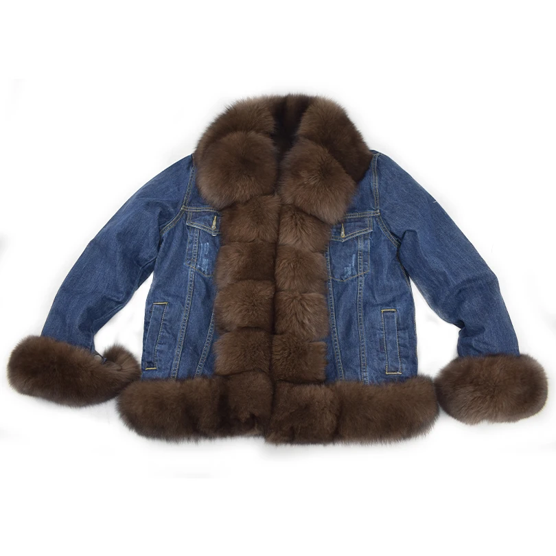 Real Fox Fur Jacket for Women, Female Cowboy Jacket, Faux Fur Lining, Cowboy Jacket, Natural Fur Jeans, Spring, New, 2023