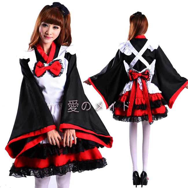 Lolita Sweet Furisode Kimono Maid Apron Dress Outfit Anime Cosplay Costumes