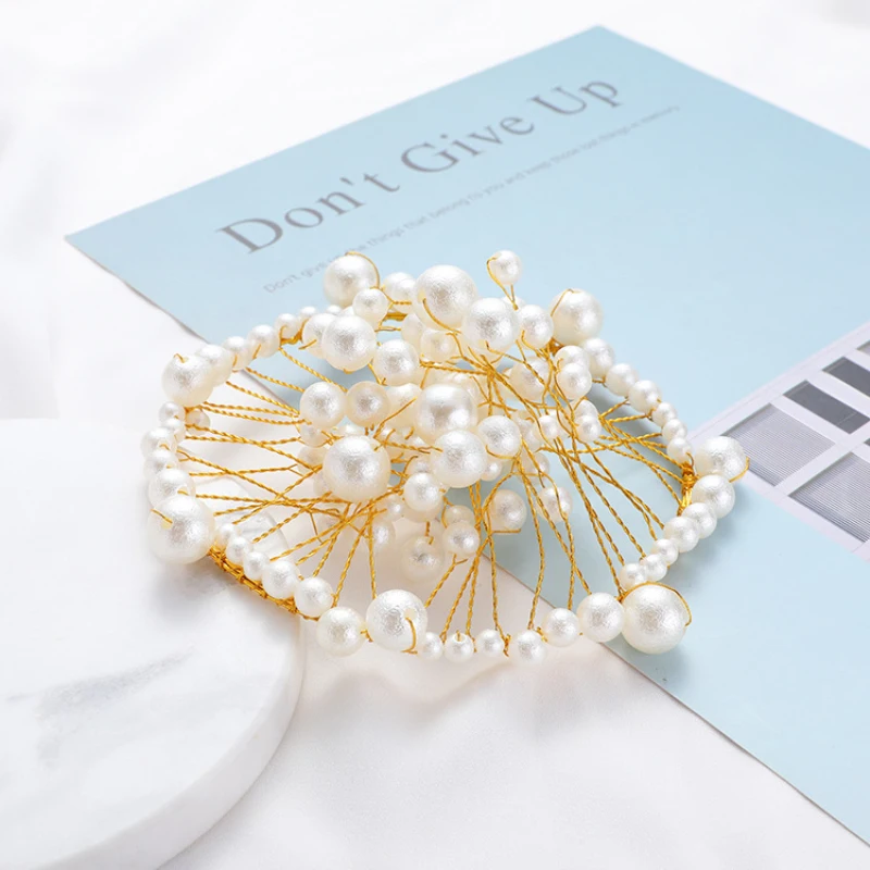 Metal Pearl Princess Crown Cake Topper Shiny Artificial Pearls Headdress Wedding&Engagement Cake Decora Birthday Topper Handmade image 6