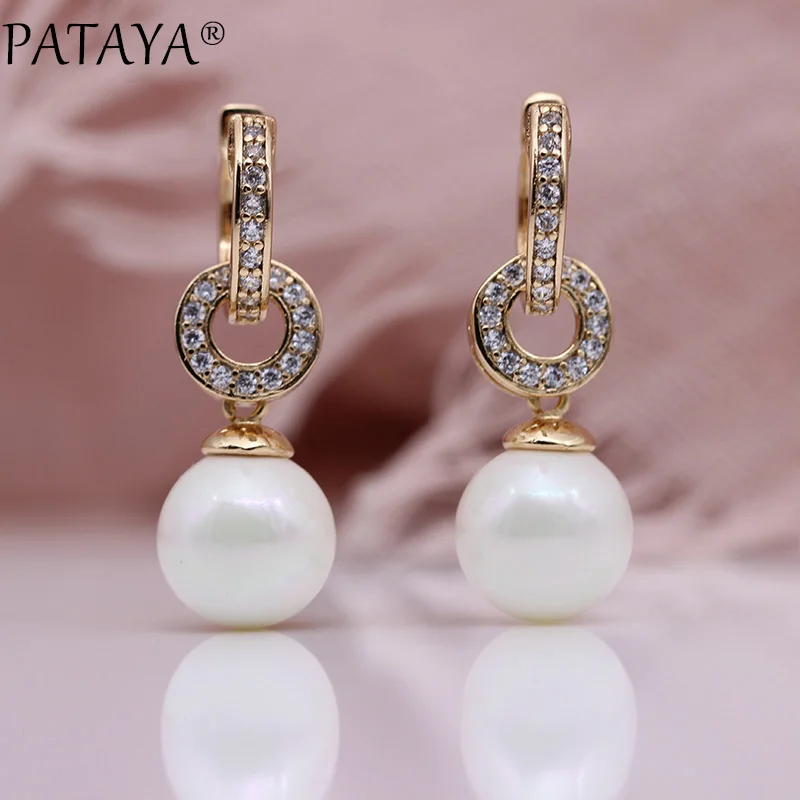 PATAYA New Long Dangle Earrings White Shell Pearls Earring For Women 585 Rose Gold Color Natural Zircon Fashion Jewelry