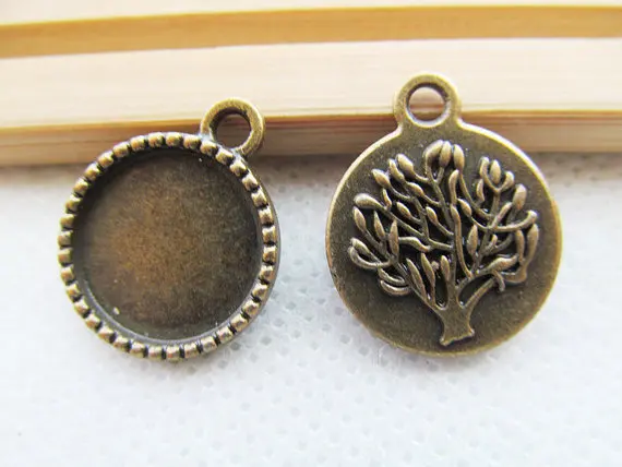 15pcs  Antique Silver/Antique Bronze Filigree Lucky Tree of Life Round Base Setting Tray Bezel Pendant ,fit 14mm Cabochon/Cameo