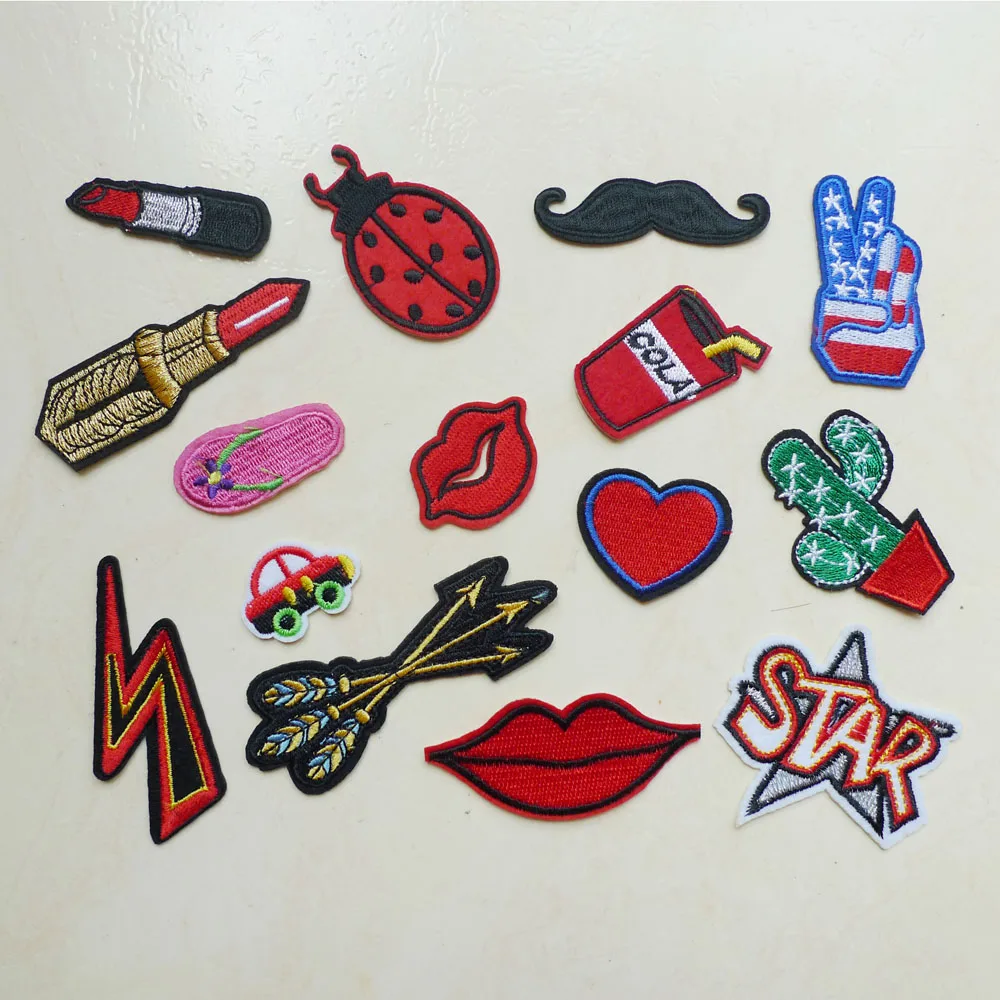 Lipstick Heart Star Car Cactus Cola Adhesive Applique Embroidery Iron On Patches For DIY Clothing Accessory Badges Jeans Stripes