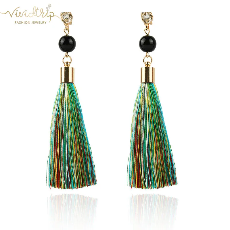 Bohemian Long Statement Tassel Clip On Earrings 9 Color For Female Non Pierced Dangle Trendy Cotton Rope Fringe Clip Ear Gift