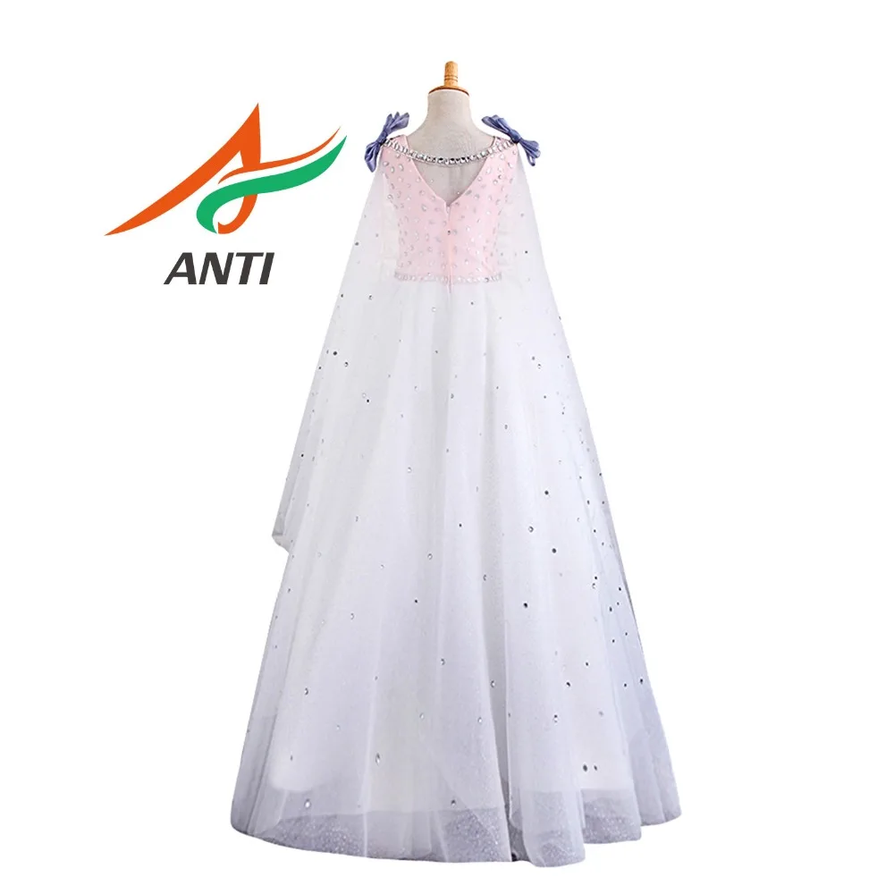 ANTI beautiful Pink and white Flower Girl Dresses Beading Bow Crystal Little Girls Kids Children Dress vestido de daminha Zipper