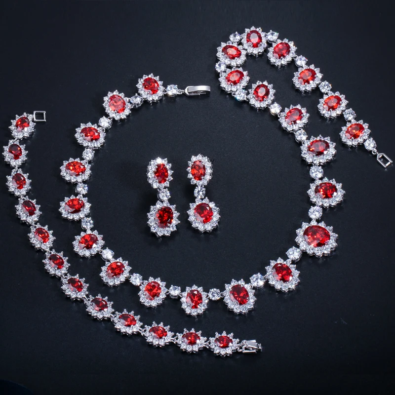 CWWZircons Sparkling Round Cubic Zirconia Luxury Big Bridal Red Necklace Earring Bracelet Set For Wedding Party Jewelry T083