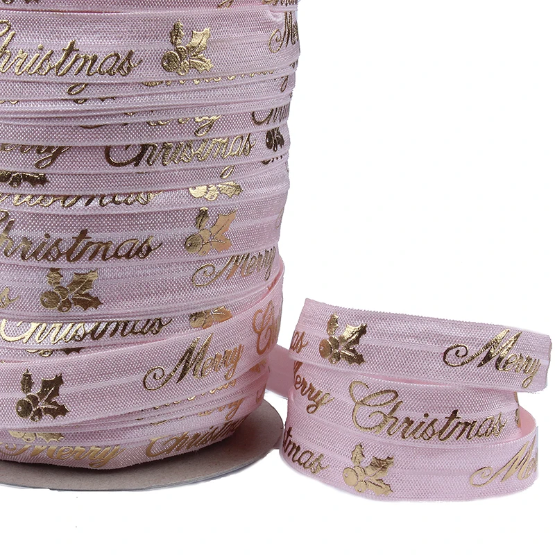 

Merry Christmas foil printing pink fold over elastic ribbon