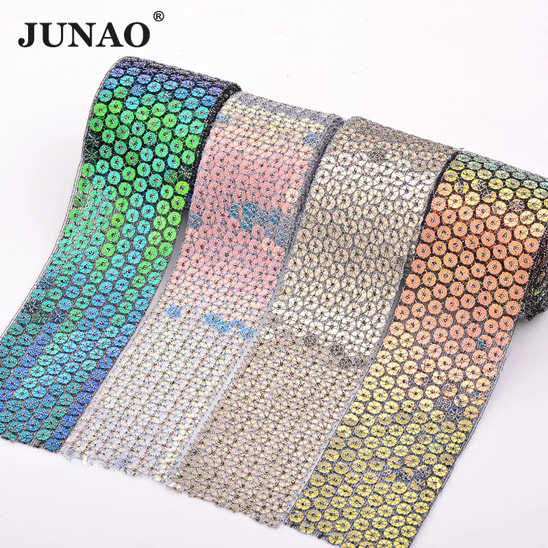 JUNAO 1 Yard 36mm Glitter Sewing Sequin Trim Round Paillett Sequins Ribbon Braid Sequins Fabric Material DIY Crafts Supply