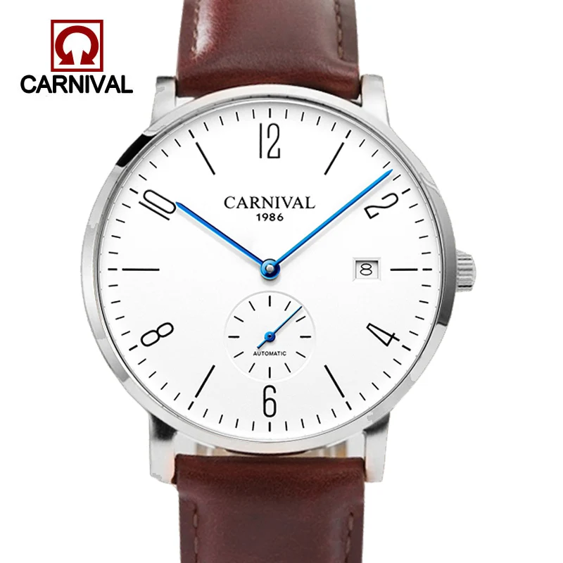 

Carnival Automatic Watch Men Stainless Steel Business Wrist Watch Calkskin Leather Fashion Casual Dive 30M Auto Date Clock Male