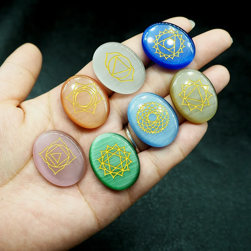 7pcs Chakra reiki Crystals Stones Natural Cat Eye Stone Beads Seven Chakras Energy Healing Stone Size 22x28mm