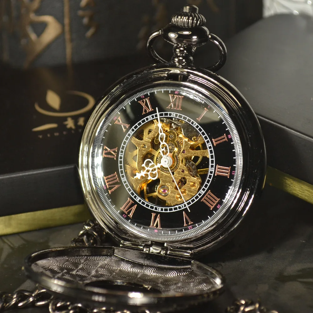 Luxury Skeleton Black Retro Antique Skeleton Mechanical Pocket Watch Men Chain Necklace Business Casual Pocket & Fob Watches