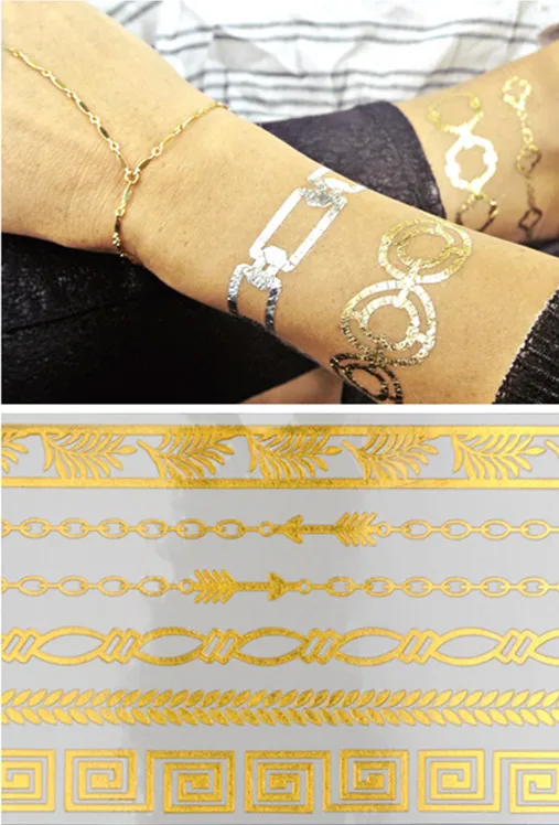 5pcs/lot Gold Tattoo Set Non-Toxic Waterproof Temporary 15 Types Body Art Sexy necklace bracelets Flash tattoo stickers TaTy