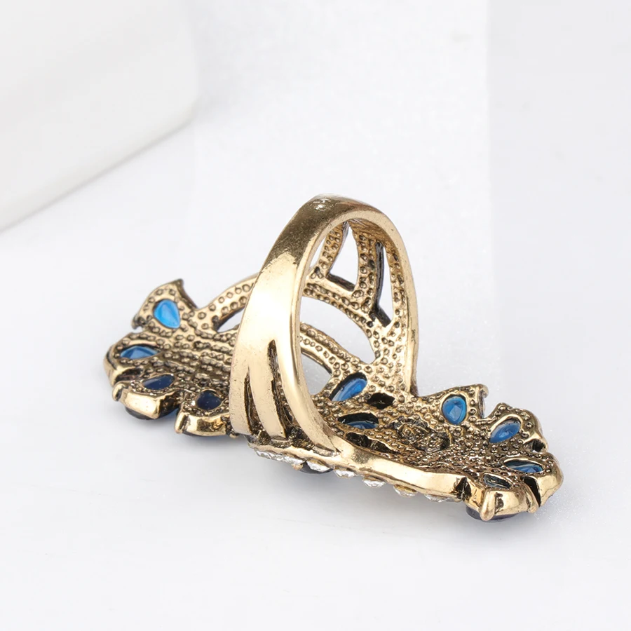 Kinel Blue Big Rings For Women Fashion Antique Gold Crystal Flower Vintage Jewelry Party Band Wedding Ring Accessories Gift