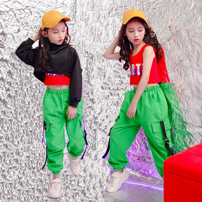 

Kid Hip Hop Clothing Sweatshirt Crop Top Long Sleeve Tank Vest Streetwear Jogger Cargo Pants for Girl Jazz Dance Costume Clothes