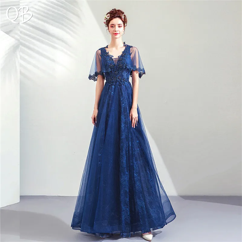 Navy Blue A-line V-neck Tulle Lace Beading Luxury Formal Evening Dresses 2020 New Fashion Bride Party Prom Dress XK211