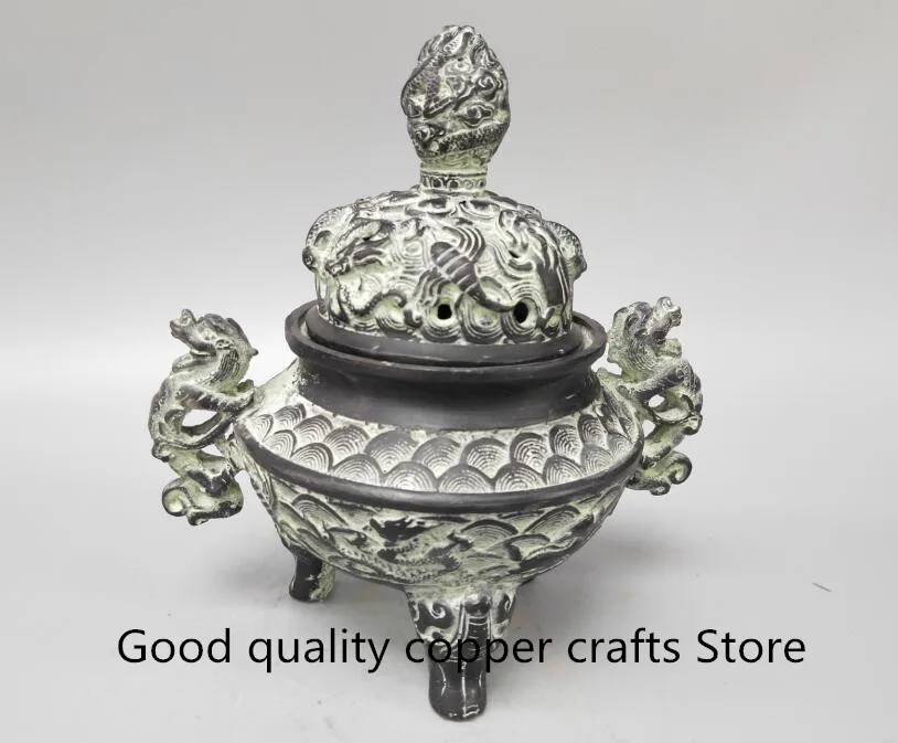 

China archaize bronze double dragon incense burner crafts