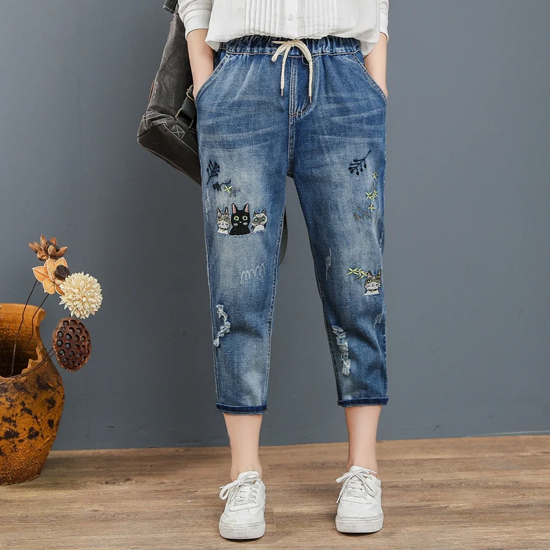 Vrouwen Korea Loose Grote Maat Denim Bijgesneden Broek Vrouwelijke Cartoon Borduurwerk Harembroek Vrouwelijke Nieuwe Hoge Taille Zomer Broek