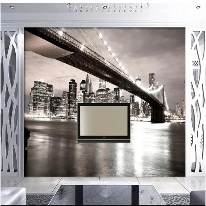 wellyu Custom large murals city bustle of the United States night 3D black and white classic  wallpaper papel de parede