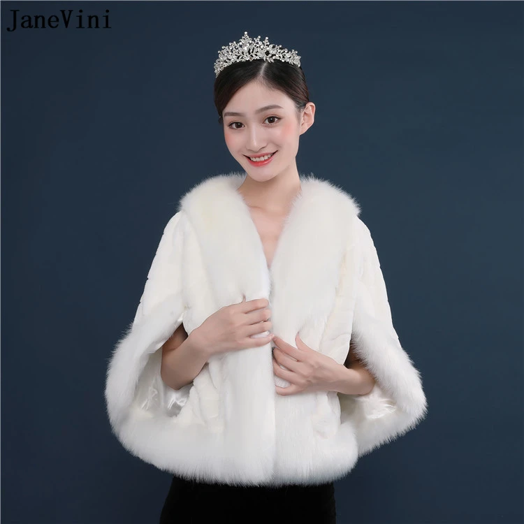 

JaneVini Winter White Faux Fur Bolero Bridal Wraps Wedding Capes Shawls Cloak Elegant Warm Ladies Evening Jackets Bolero Mujer