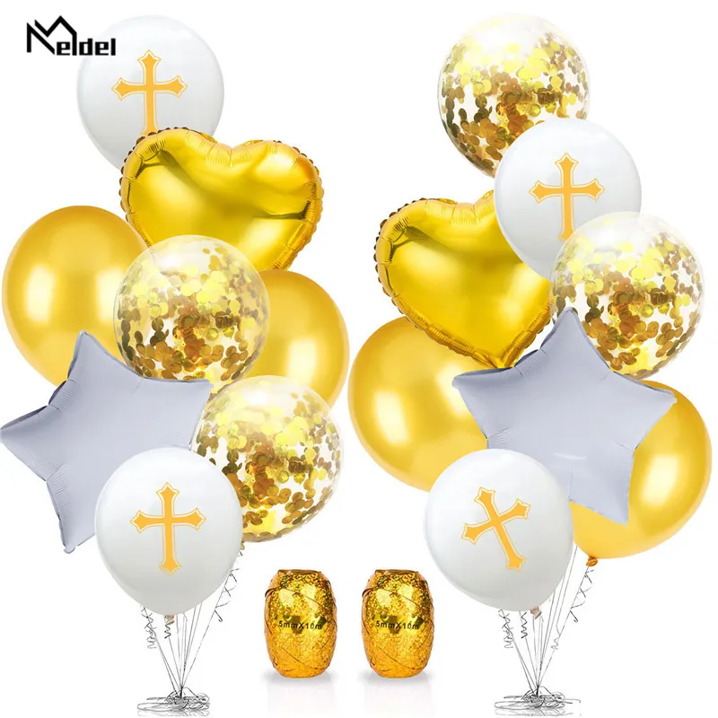 Happy Easter God Bless Cross Latex Balloons Star Foil Balloon Baptism Forked Holy Communion Party Christening Easter Decorations