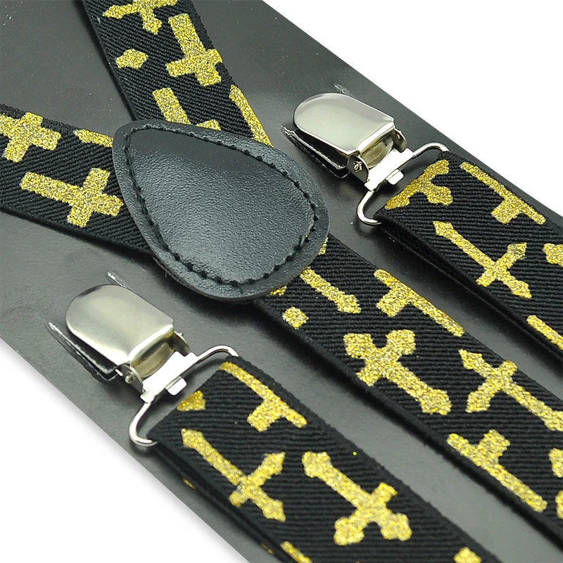 Novo 2.5cm/1 polegada de largura "ouro brilhante jesus/cruz" padrão suspender unissex clip-on suspensórios elásticos finos/galus