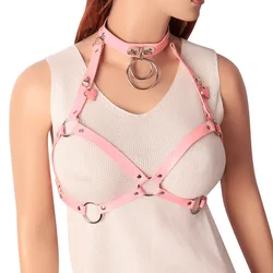 Pink Leather Harness Women Fashion Punk Goth Cupless Bra Top Harness Belt Body Bondage Chest Straps Studded Cropped Lingerie