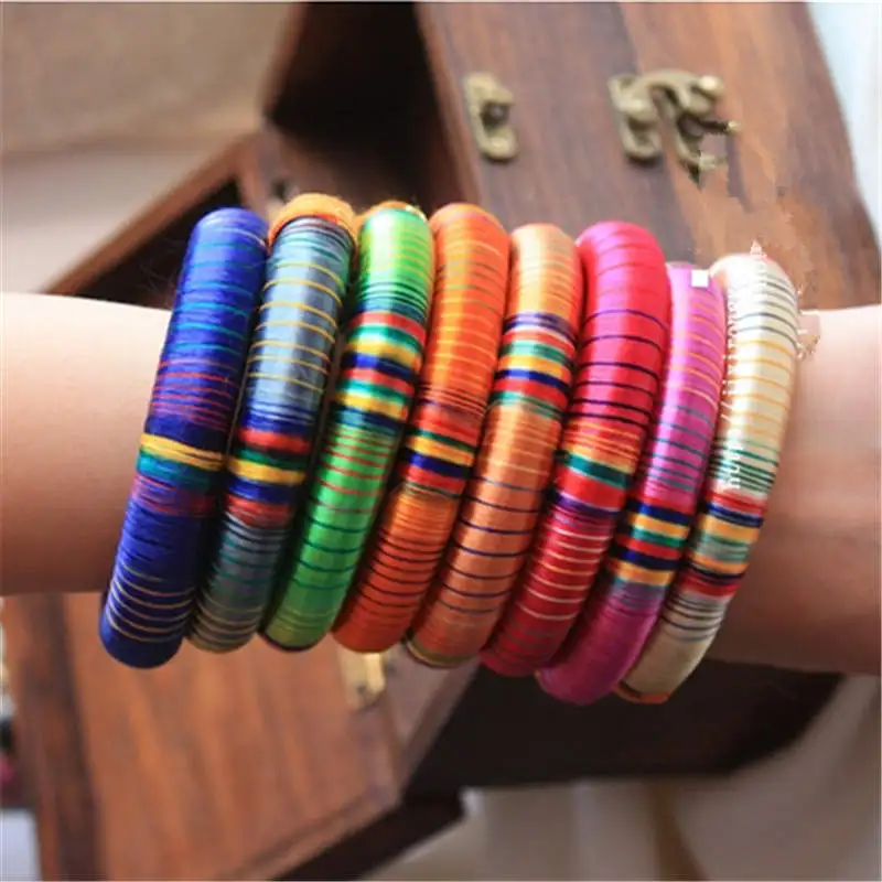 10PCS Indian Colorful Silk Wrapped Wide Cute Bangles Bollywood Fashion Dancing Wristband Multi Colors Mixed BB-239