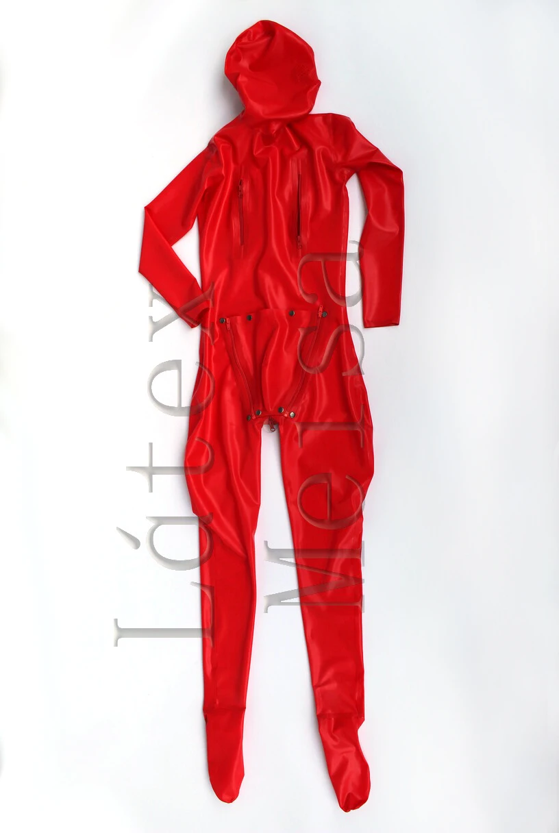 Male's latex custom trailored catsuit red color open mesh eyes & pe nis holes attached codpiece and 5 zippers(chests and crotch)