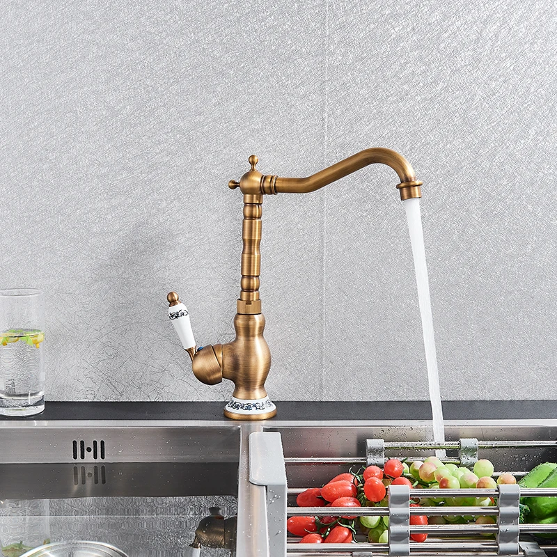 Modern Basin Faucet Antique Brass Ceramic Handle Bathroom Sink Mixer Tap Deck Mounted 360° Kitchen Hot Cold Water Faucets Crane