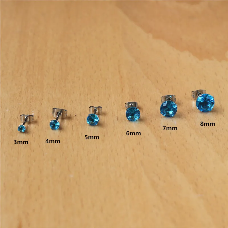 Stainless Steel Stud Earrings With Ocean Blue Zircons Classical Style From 3mm to 8mm No Fade Allergy Free Quality Jewelry