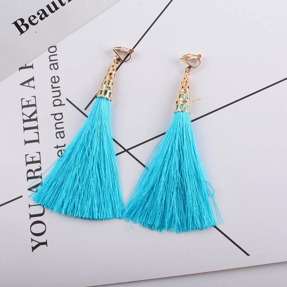 Bohemia Ethnic Long Tassel clip on earrings Women Brand Jewelry Geometric Alloy Plating Simple Dangle Without Pierced Ear Clip