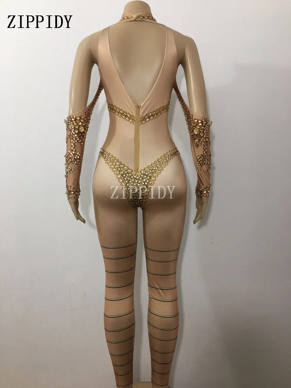 Sexy Gold Stones Nude Jumpsuits Big Stretch Rhinestones Bodysuit Nightclub Women Dance Show Prom Party Sexy One-piece Stage Wear