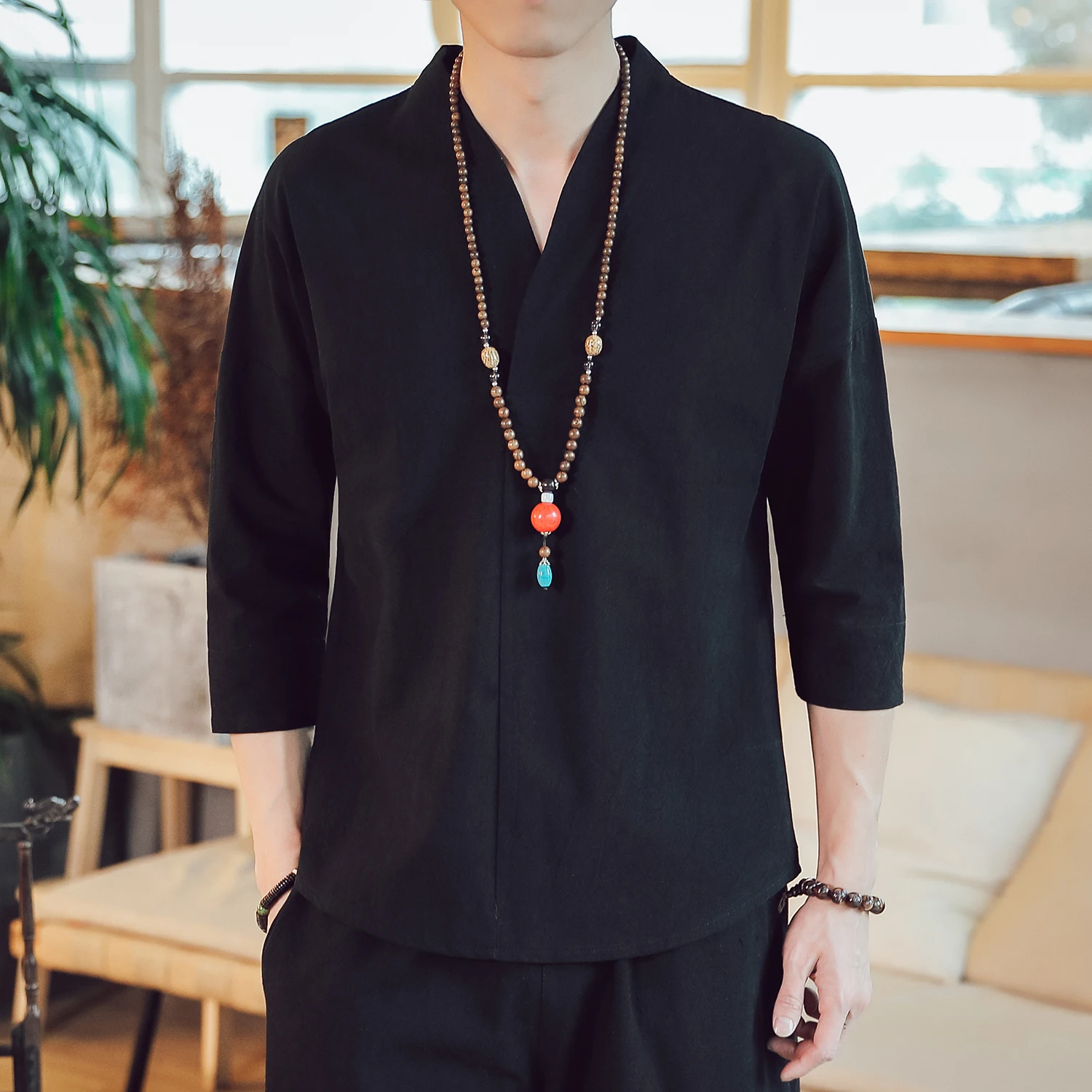 Chinese Style Men Shirt 3/4 Sleeve Solid Casual Streetwear Man Cotton Linen Hanfu Blouse Men Clothes 2024 New Koran Summer Top