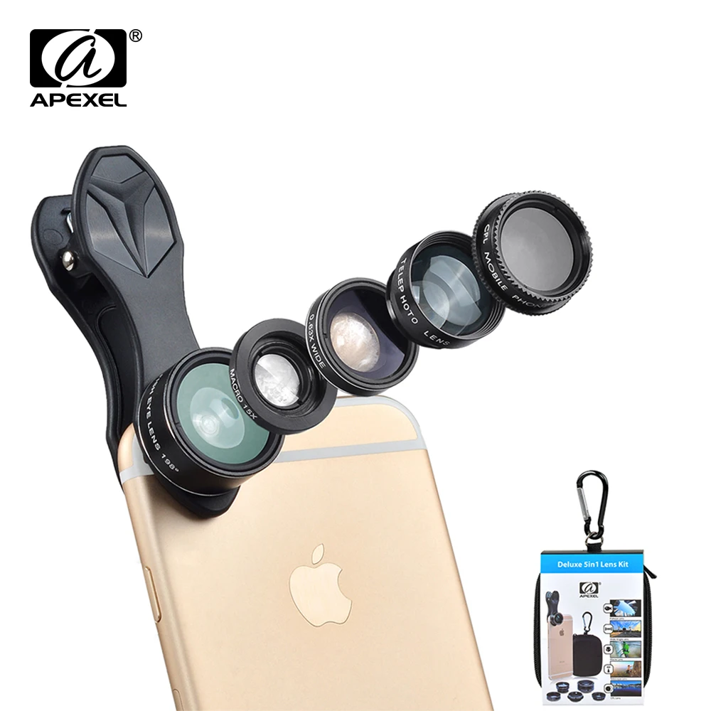 

APEXEL 5 in 1 Fisheye Wide Angle Macro lens Telescope telephoto lens CPL Mobile Phone mini camera lens for iPhone Samsung xiaomi