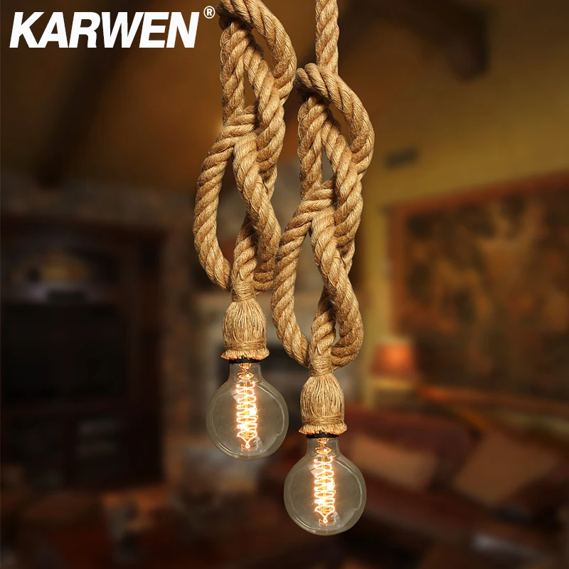 Vintage Hemp Rope Pendant Light E27 Base 1M 2M 3M Lamp Modern Hanging Loft Creative Pendant Light AC85-265V Double Single Head