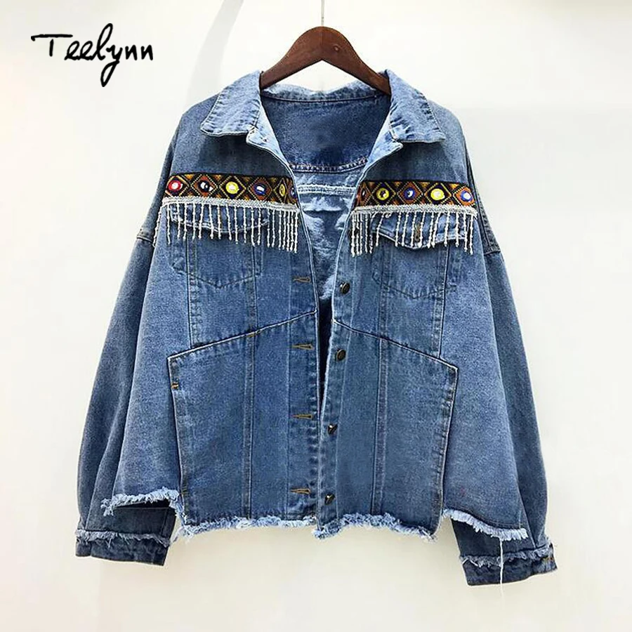 Teelynn denim jaqueta feminina outono vintage apliques étnicos bordados borla solto casaco de manga longa outerwear jaqueta para mulher