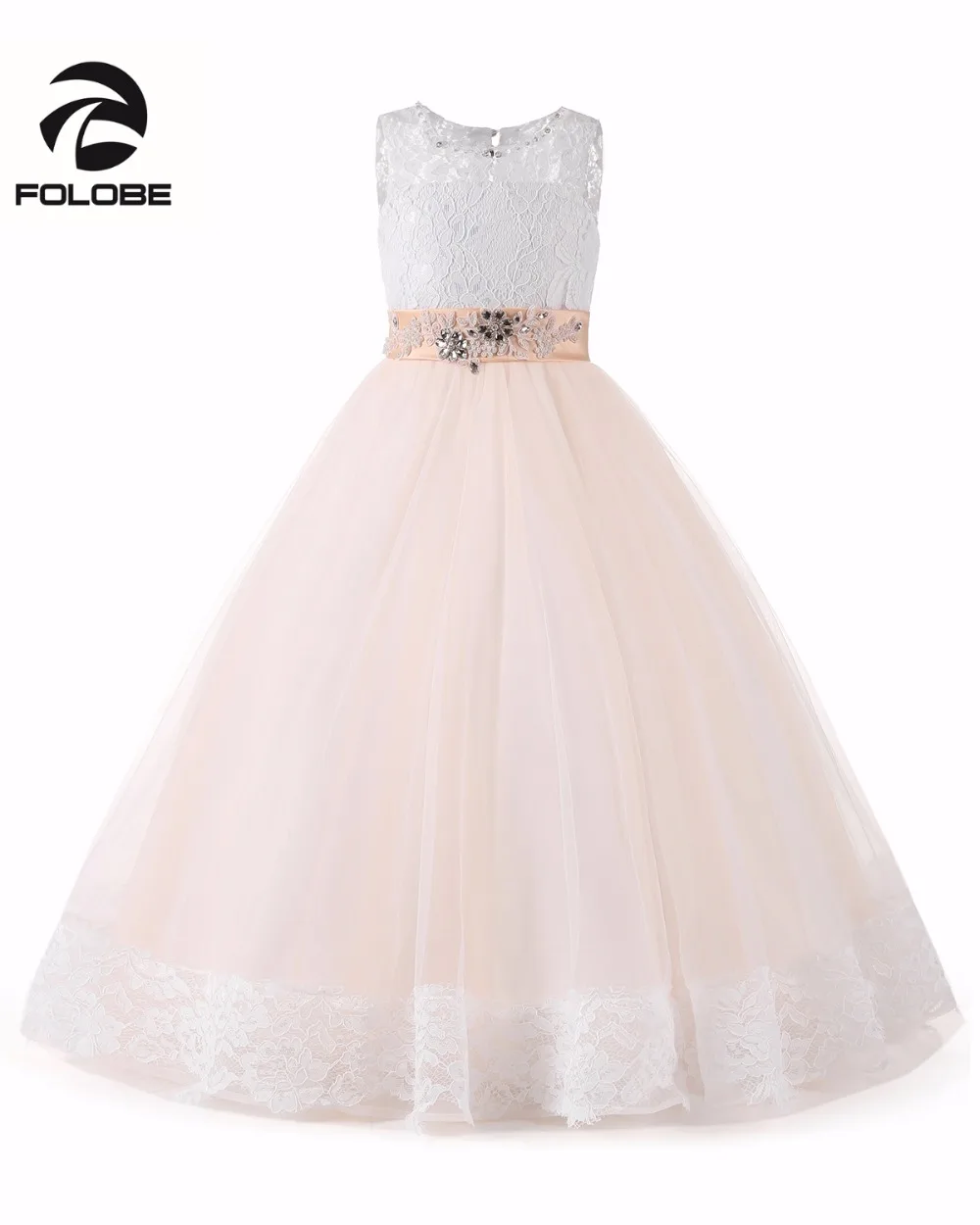 แชมเปญคริสตัลลูกปัดลูกไม้ดอกไม้สำหรับงานแต่งงานโบว์ Sash Girls First Communion Gowns ชุดพิเศษ