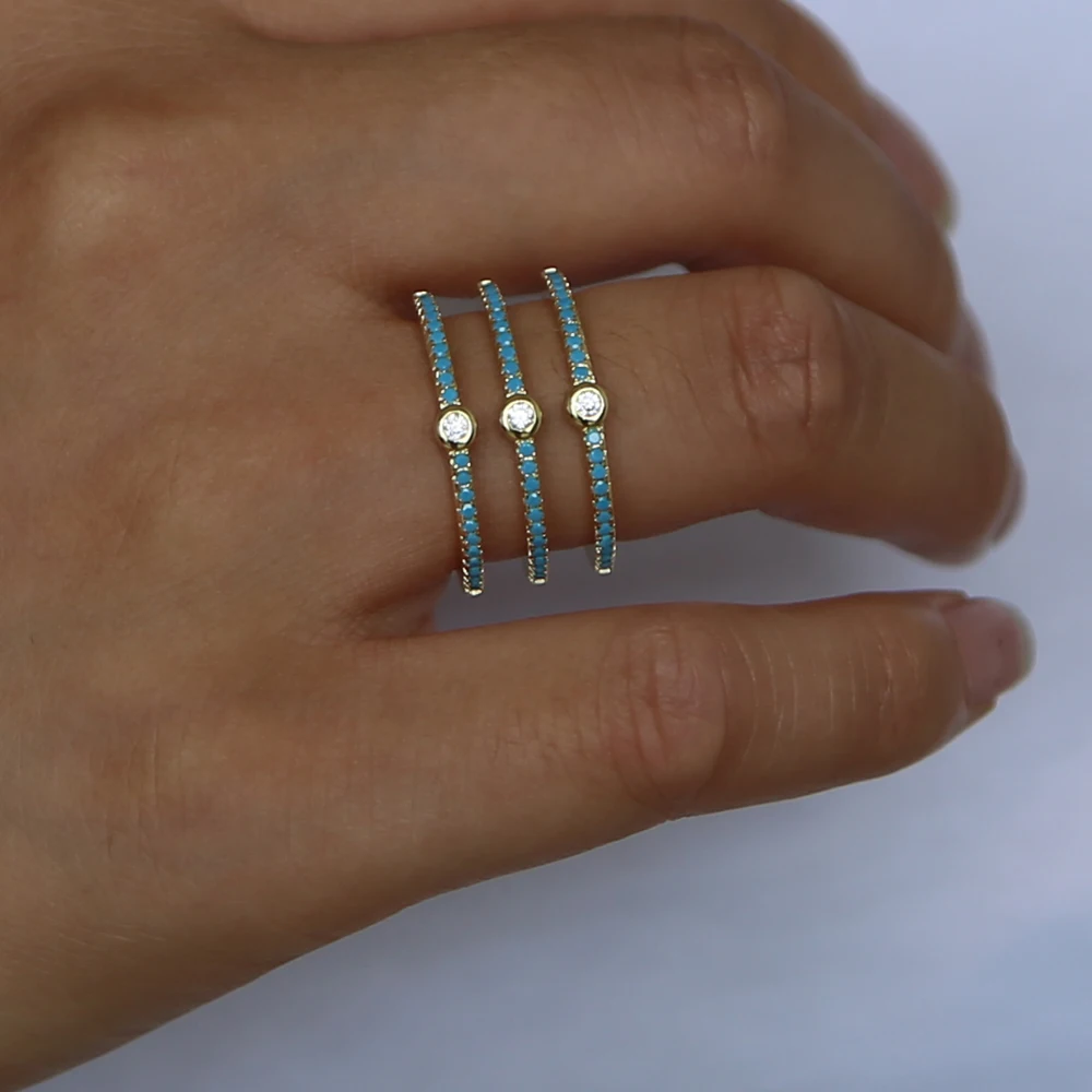 

Gold Color Finger rings Unique Geometric Design CZ Ring Paved Blue nano turquoises stone Zircon Fashion Jewelry