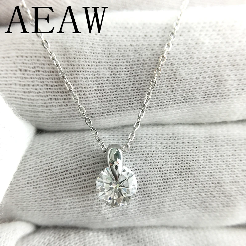 AEAW 14K White Gold Moissanite Pendant 1ct 6.5mm F Color Round Moissanite Pendant Necklace for Women